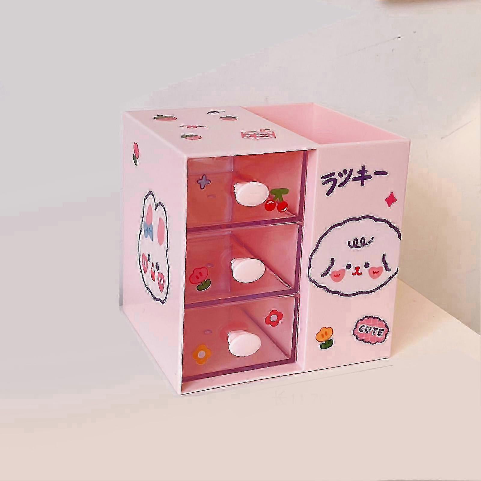 Cute Plastic Drawer Desktop Storage Box with Large Capacity for Office Home - Pink
