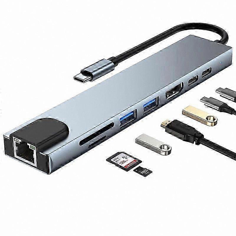 8-in-1 USB C Multiport Adapter with HDMI, PD, USB Ports, SD/TF Slots (Gray)