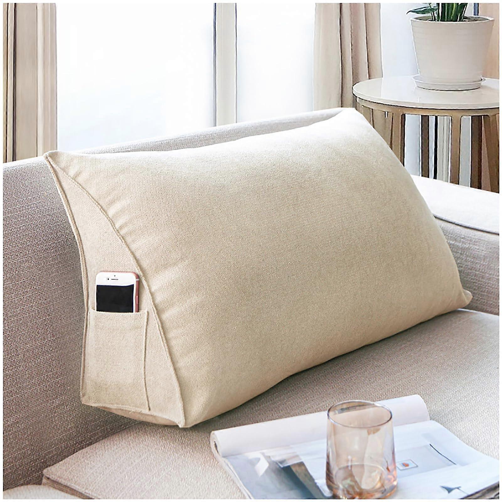 Bed Reading Pillow with Side Pocket Triangular Wedge Cushion for Sofa or Bed Lumbar Support Ivory 100x35x20cm