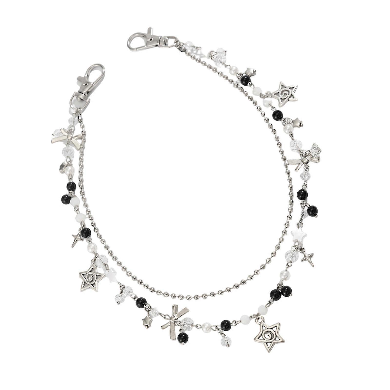 Elegant Alloy Pearls Embellished Denims Chain For Women Bohemian Styles Keyring Multicolor