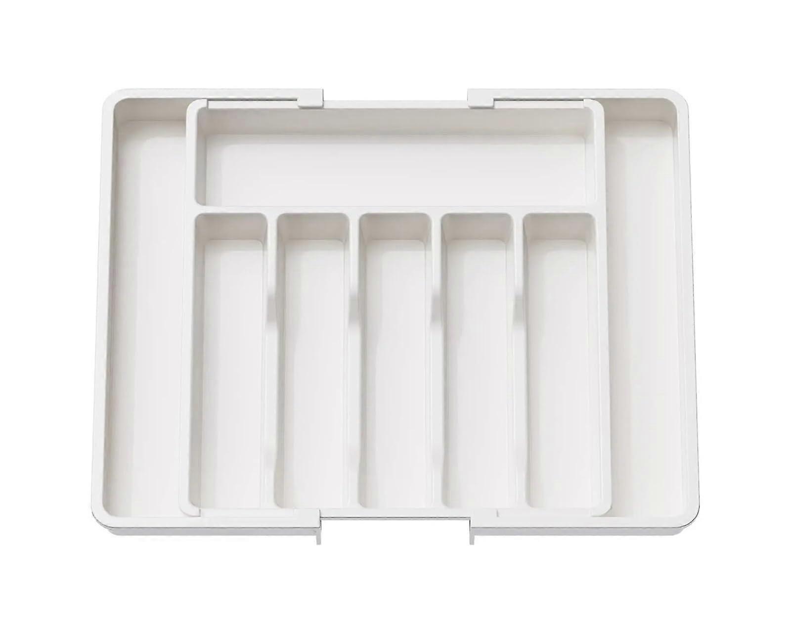 Kitchen Drawer Organizer Adjustable Plastic Tray with Expandable Compartments for Utensils White