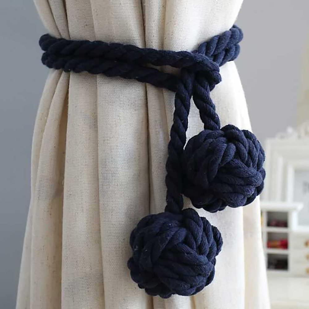 1 Pair Handmade Cotton Tiebacks For Curtains Rope And Double Ball-dark Blue