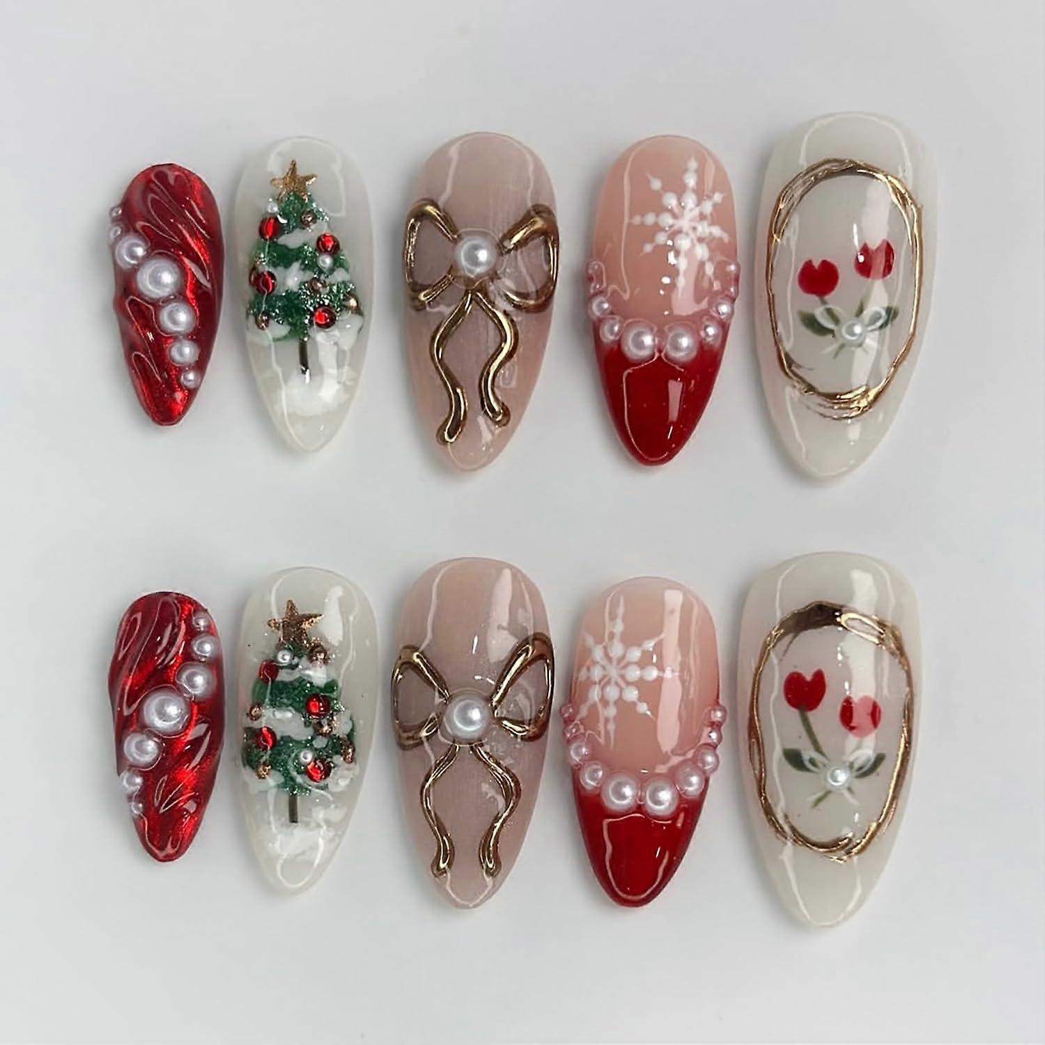 30Pcs Christmas Almond Press On Nails Set with Glue, Festive Winter Snowflake and Bow Designs