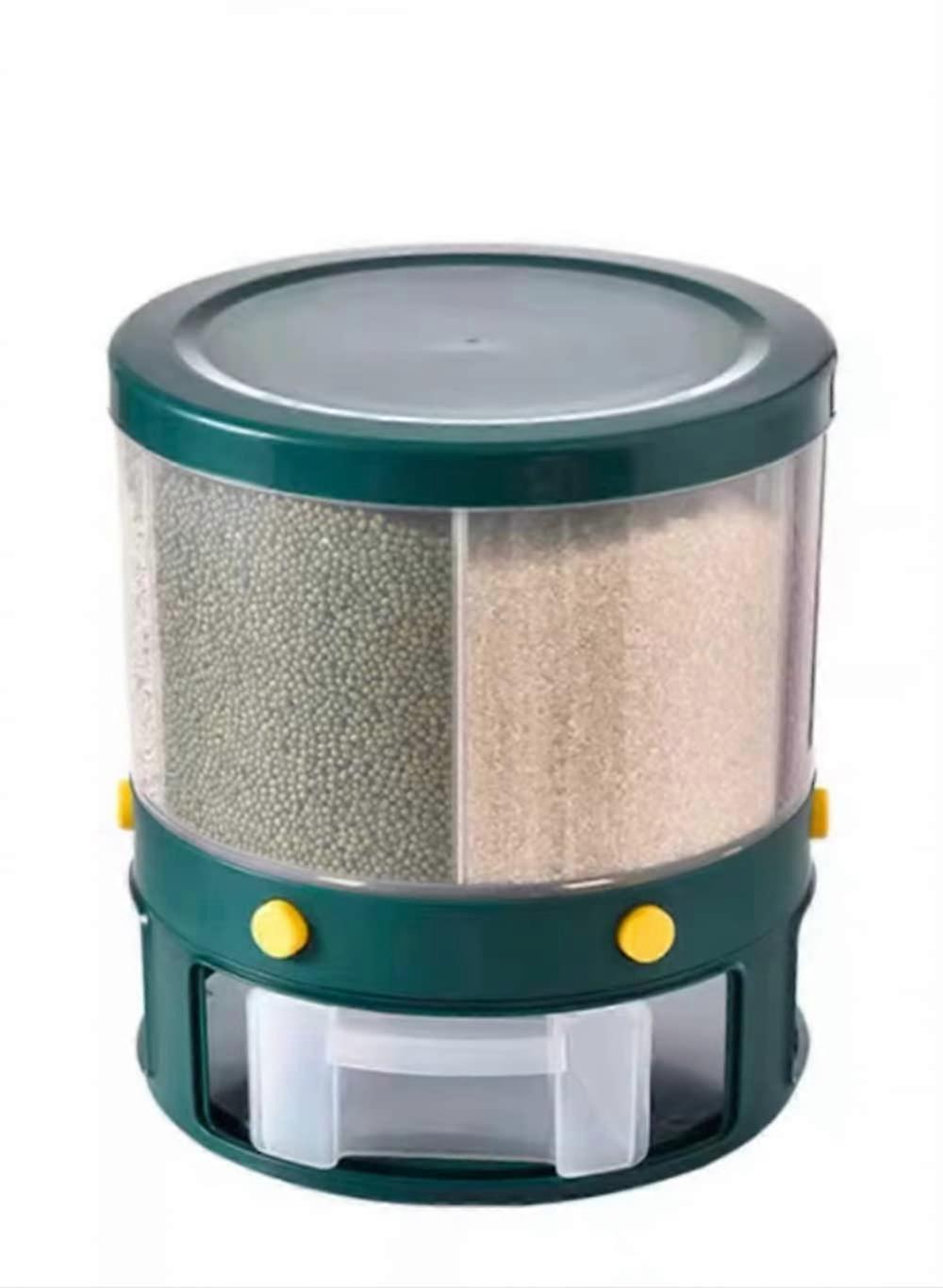 Rice Dispenser with 6Grid Rotating Design, Airtight Lid, Transparent Dry Food Storage Container for Kitchen – Green