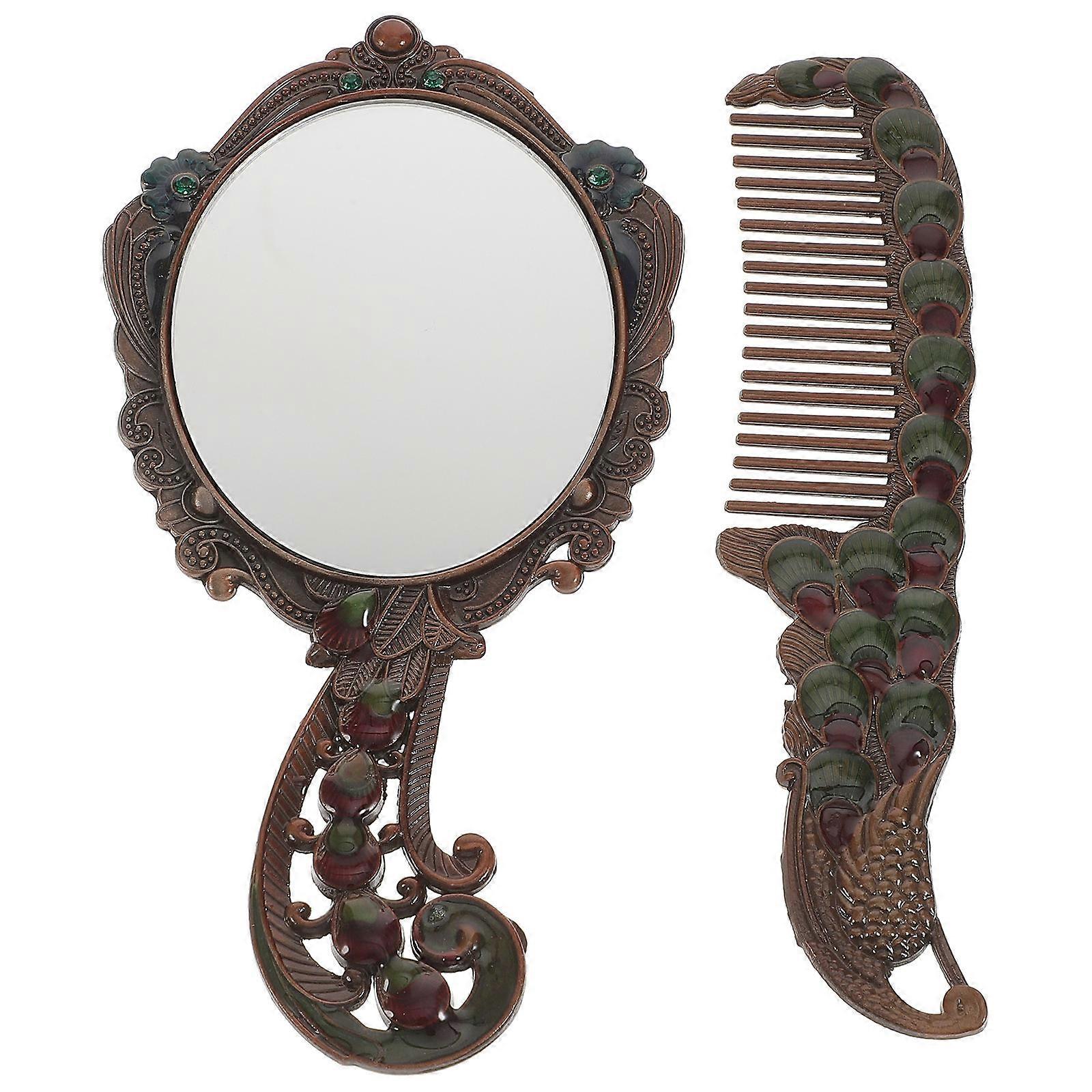 Makeup Mirror Handheld Vintage Cosmetic Mirror with Comb 1Set Durable Alloy