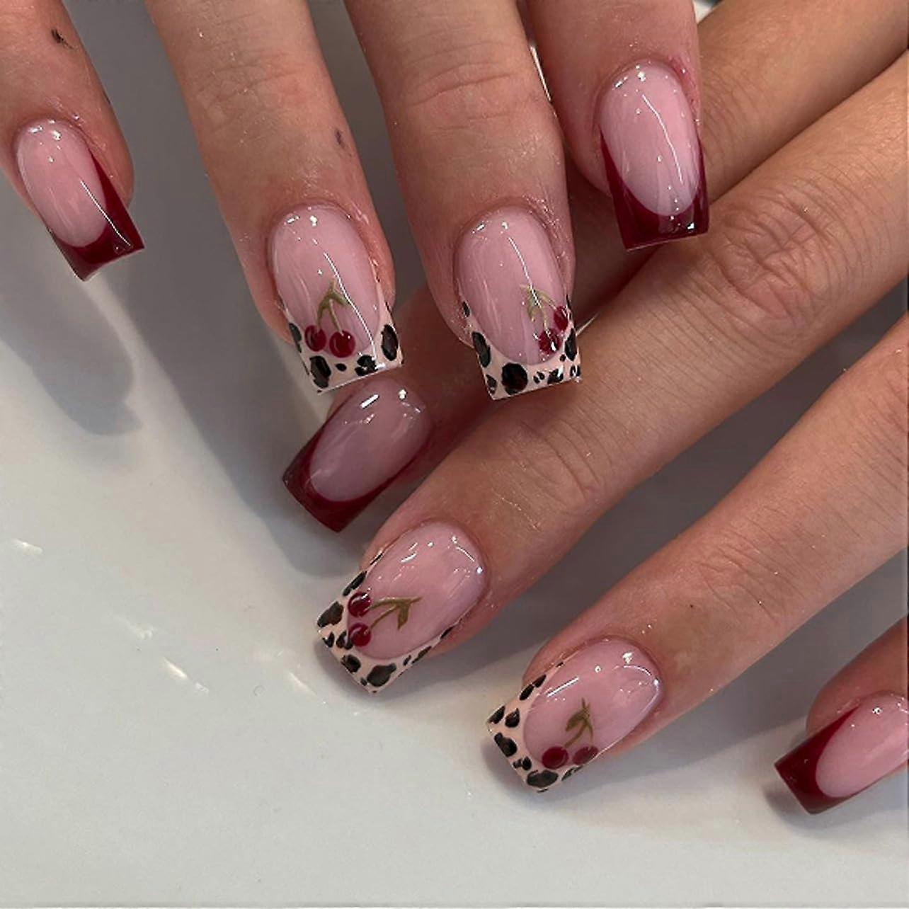 Medium Square Press On Nails with Glue, Nude Pink and Cherry Red Tip 3D Spring Summer Design, 24pcs