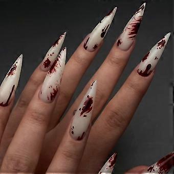 White Long Pointed Press On Nails with Blood Design, Reusable Glossy Fake Nails Set 24Pcs