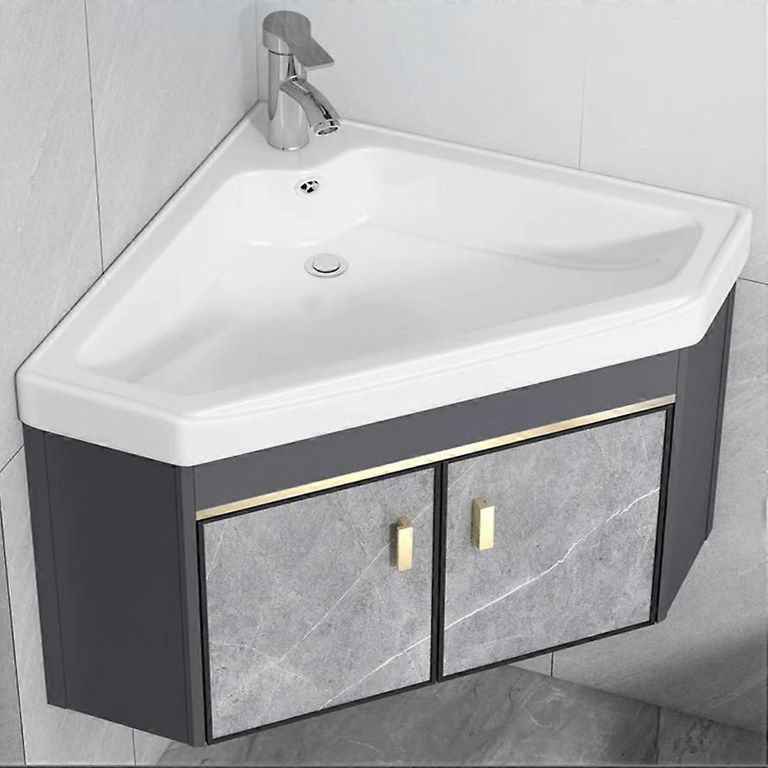 Corner Wall Mounted Bathroom Sink with Mirror Cabinet, SpaceSaving Ceramic Basin 48CM