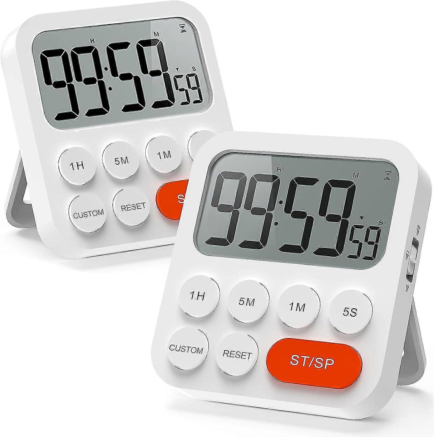 2 Pack Digital Kitchen Timer with Stopwatch, Countdown, Clock & Custom Mode - Adjustable Volume & Versatile Placement