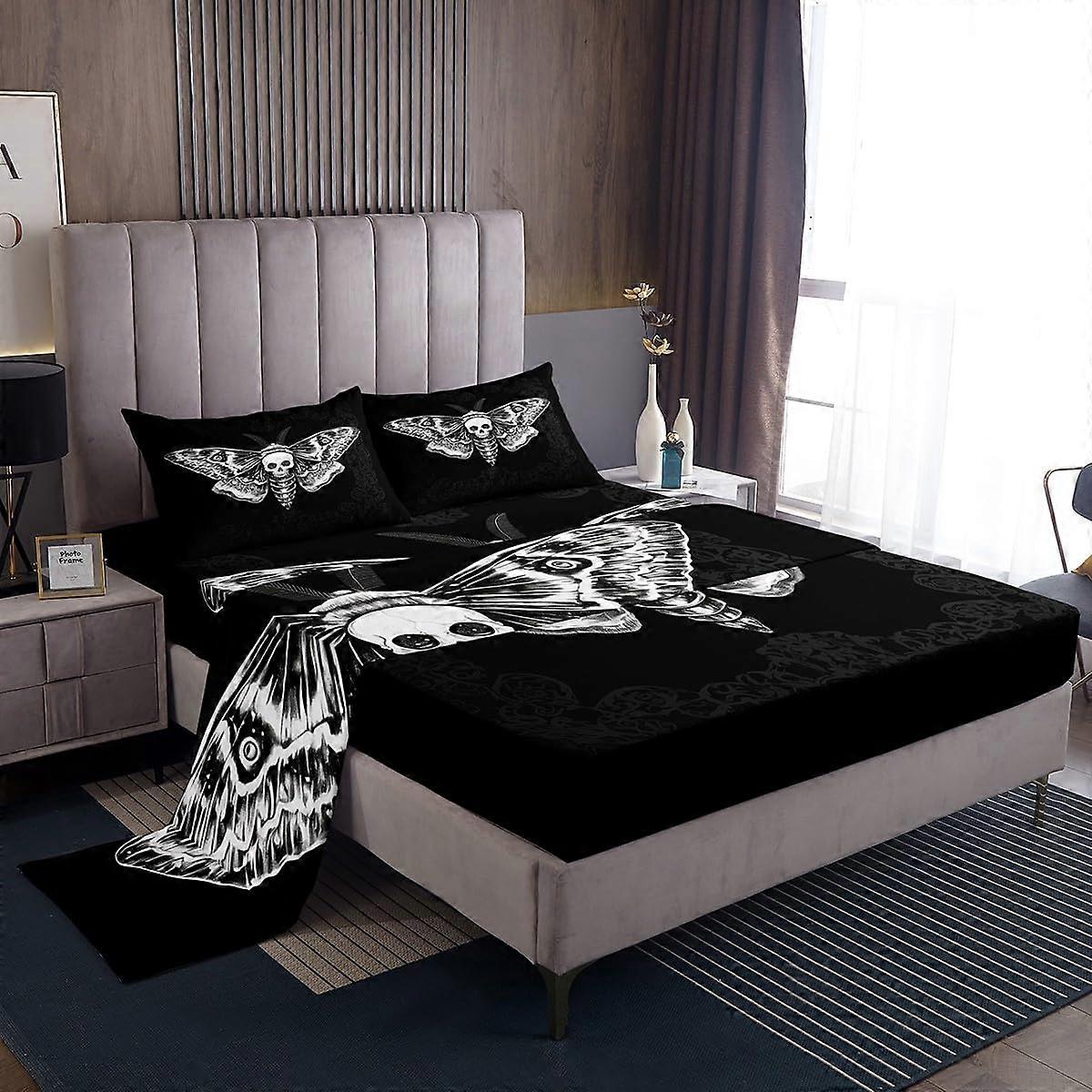 Queen 4Piece Gothic Halloween Bed Sheets Set, 3D Death Moth Print, Breathable Microfiber