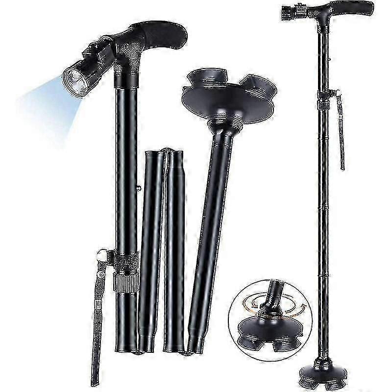 Black LED Light Folding Walking Stick Adjustable Height Collapsible for Elderly