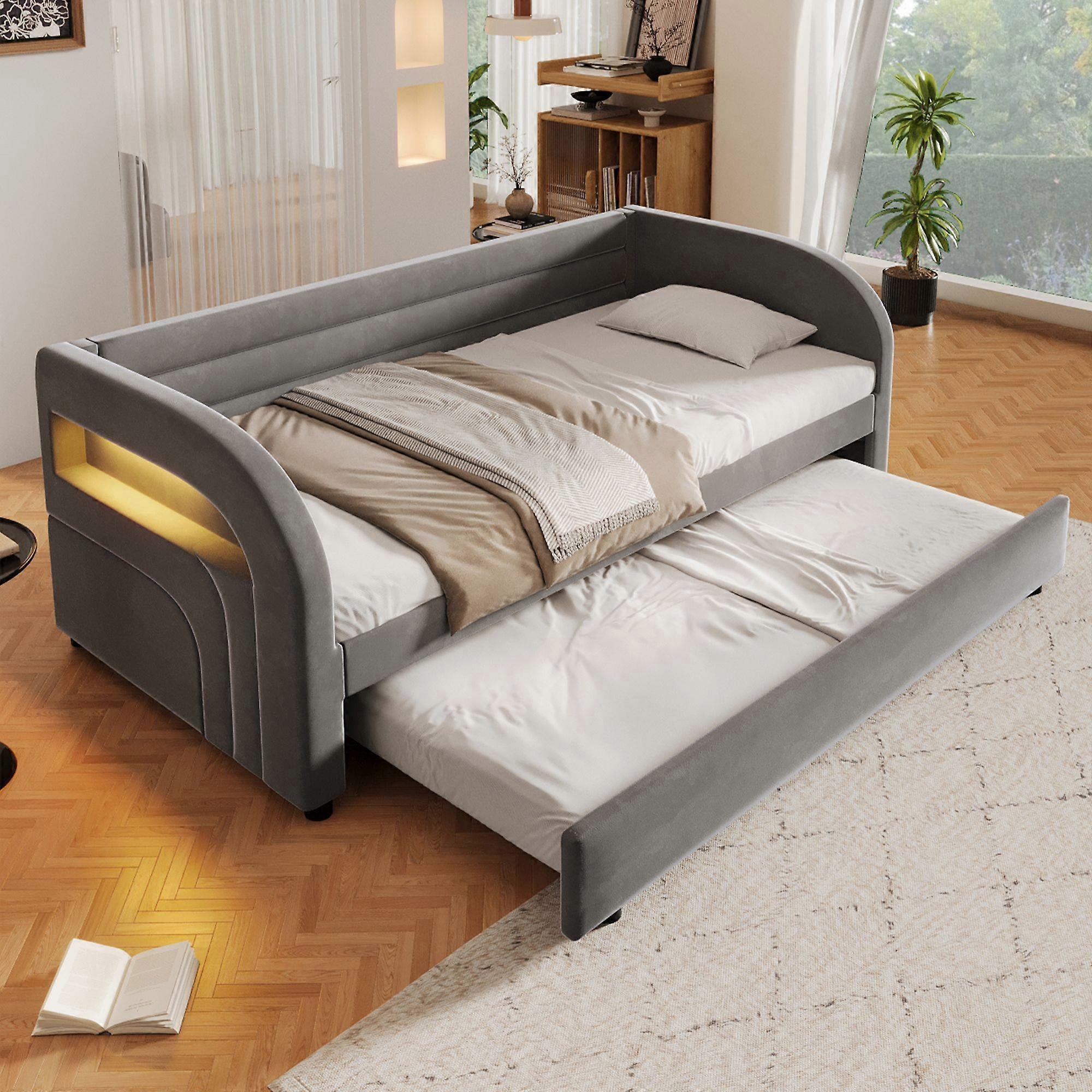 90x200 upholstered platform bed with practical pull-out bed & LED lighting, grey