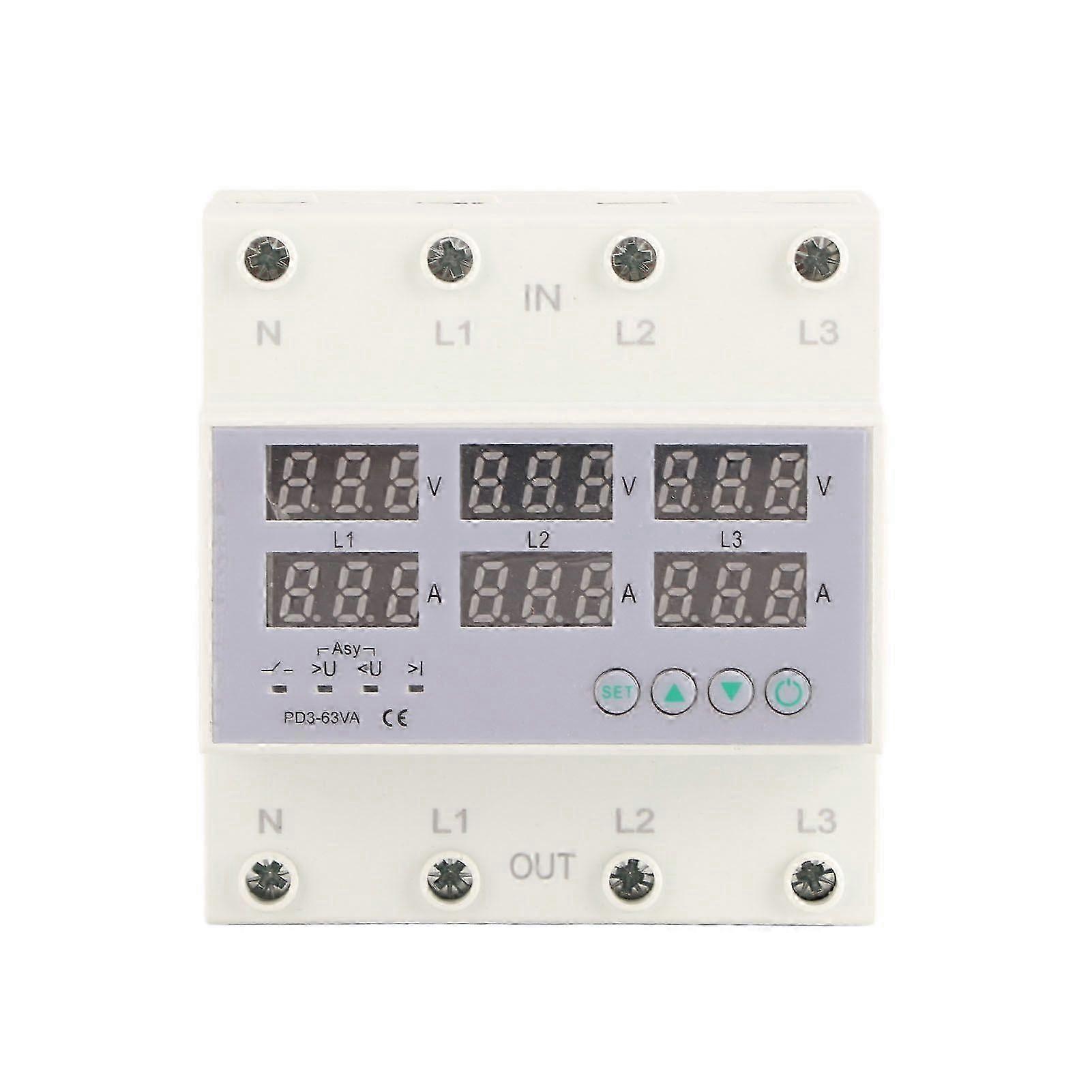 3 Phase DIN Rail Voltmeter Ammeter Automatic Overvoltage Overcurrent Protector AC 390?500V 63A