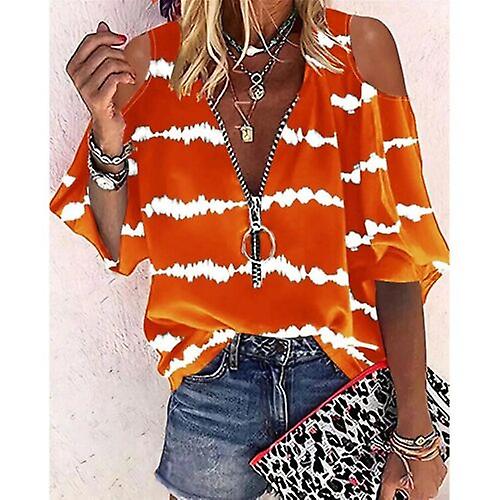 Womens V-neck Zip Cold Shoulder T-shirt Ladies Midi Sleeve Casual Blouse Tops