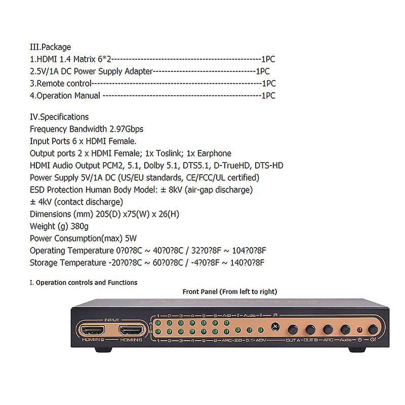 6 in 2 Out HDMI Matrix Splitter Support HD 4K x 2K 3D Audio Video Converter with Remote Control