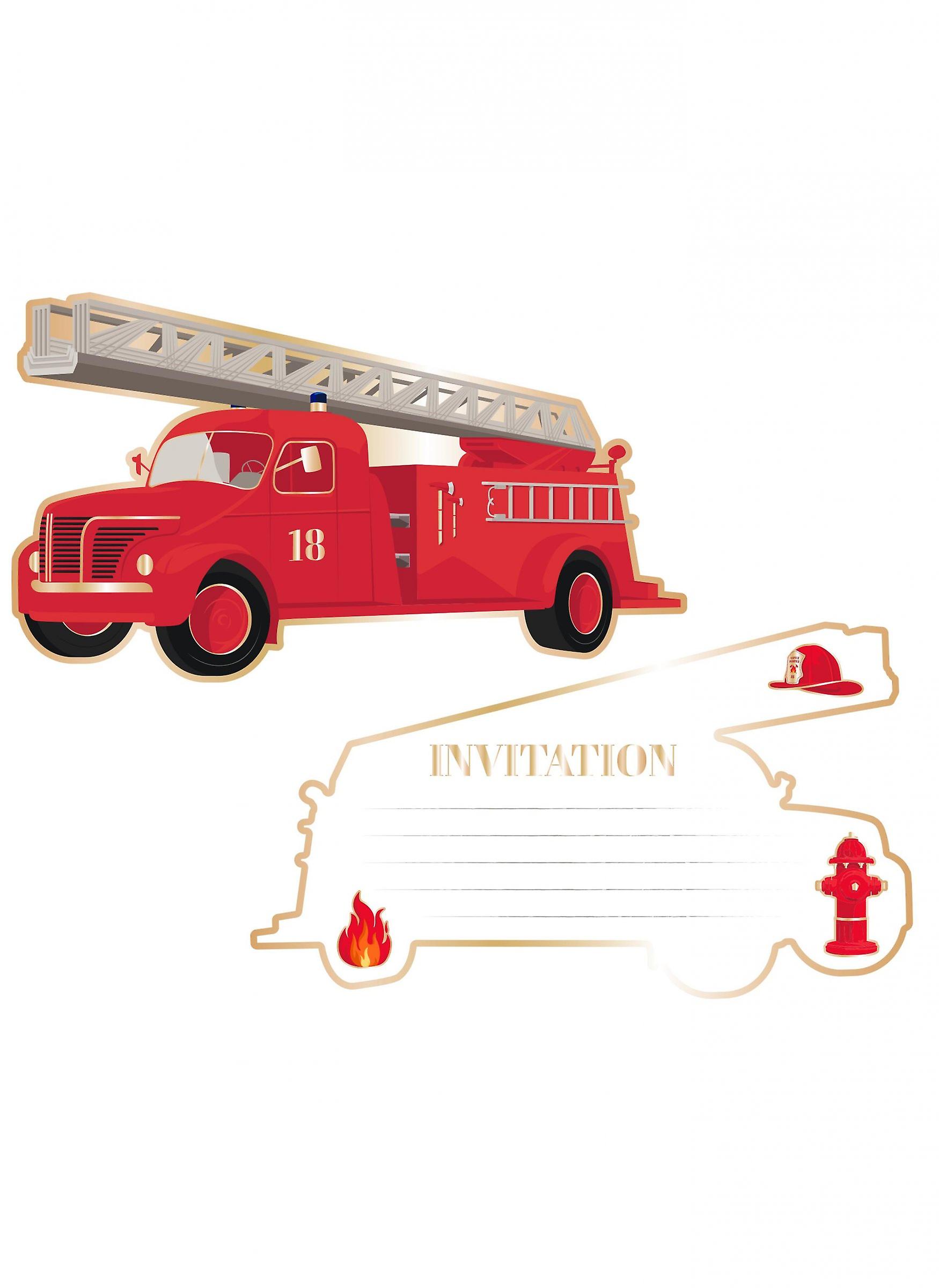 8 Fire truck invitation cards 17 x 9.5 cm