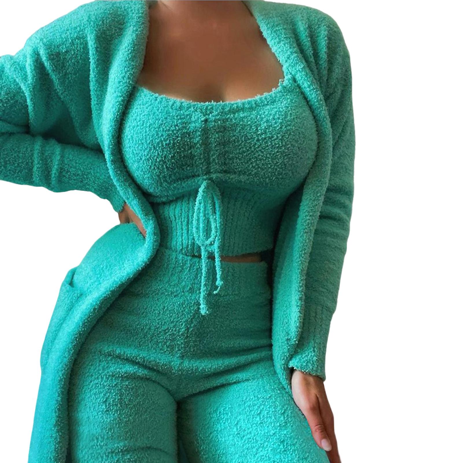 3 قطع / مجموعة بيجاما نسائية مجموعة بلون أفخم حراري Loungewear جيوب قمم قصيرة دافئ معطف طويل معطف قمم السراويل دعوى للارتداء المنزلي