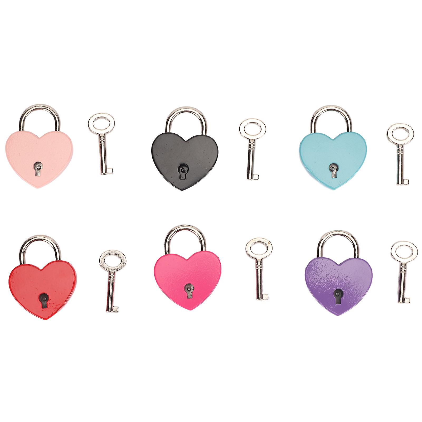 6Pcs Heart Padlocks Assorted Colors Zinc Alloy Multi Purpose Portable Diary Lock with Keys for Jewelry Box Bag Drawer 