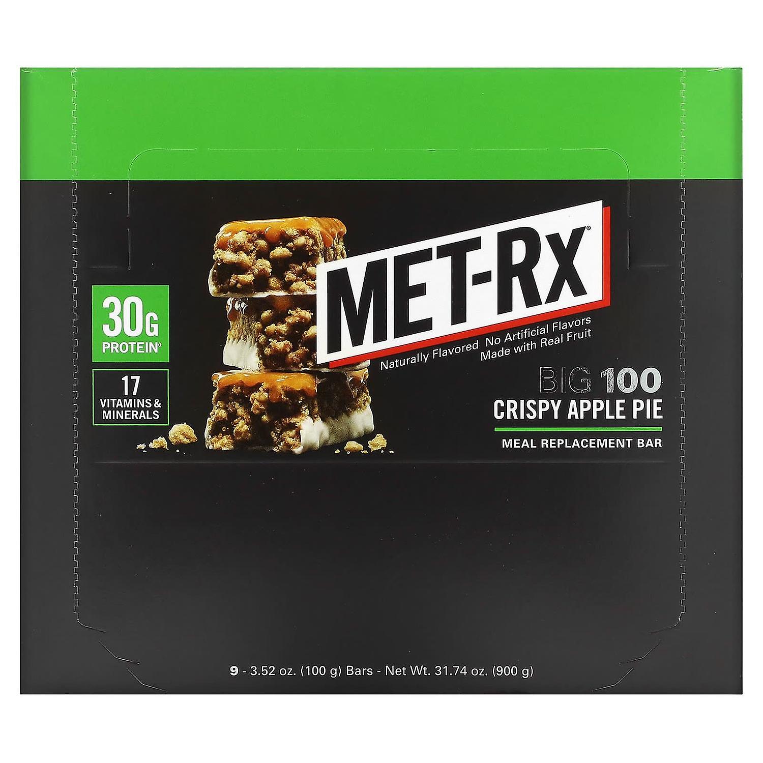 MET-Rx, Big 100, Meal Replacement Bar, Crispy Apple Pie, 9 Bars, 3.52 oz (100 g) Each