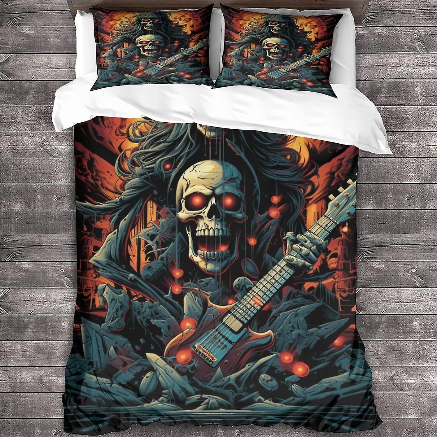 Rock 'n' Roll Sängkläder för flickor Pojkar Heavy Metal Gitarr Mönster Täcke Överdrag Överkast 3 Piece Skull Påslakan Set för Säng Dubbel