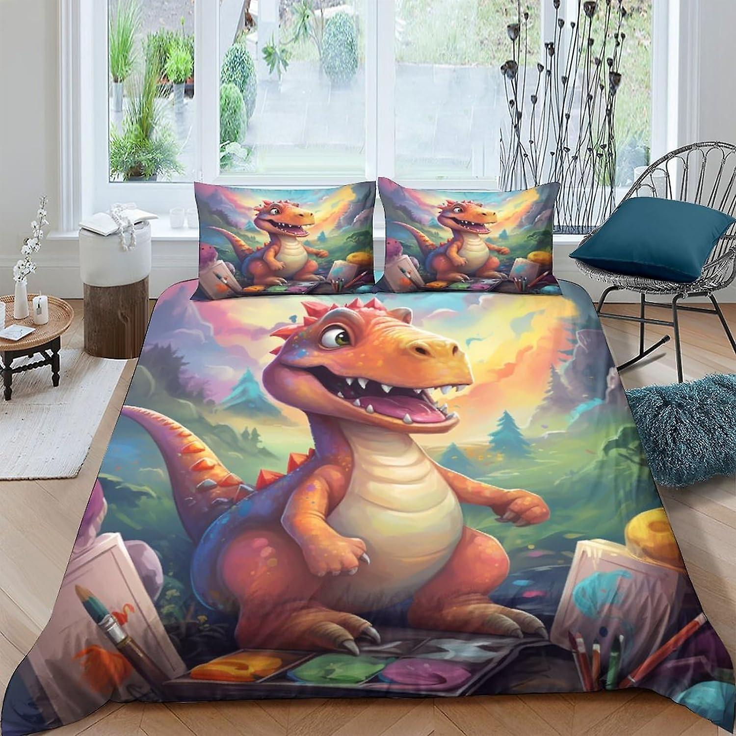 EKENOZ Cartoon Dinosaur Påslakan Sängkläder Täcke Set Flickor 3 Bit För Barn Tonåringar 3D Överkast Täcke Med Dragkedja Stängning Mjuk Microfi