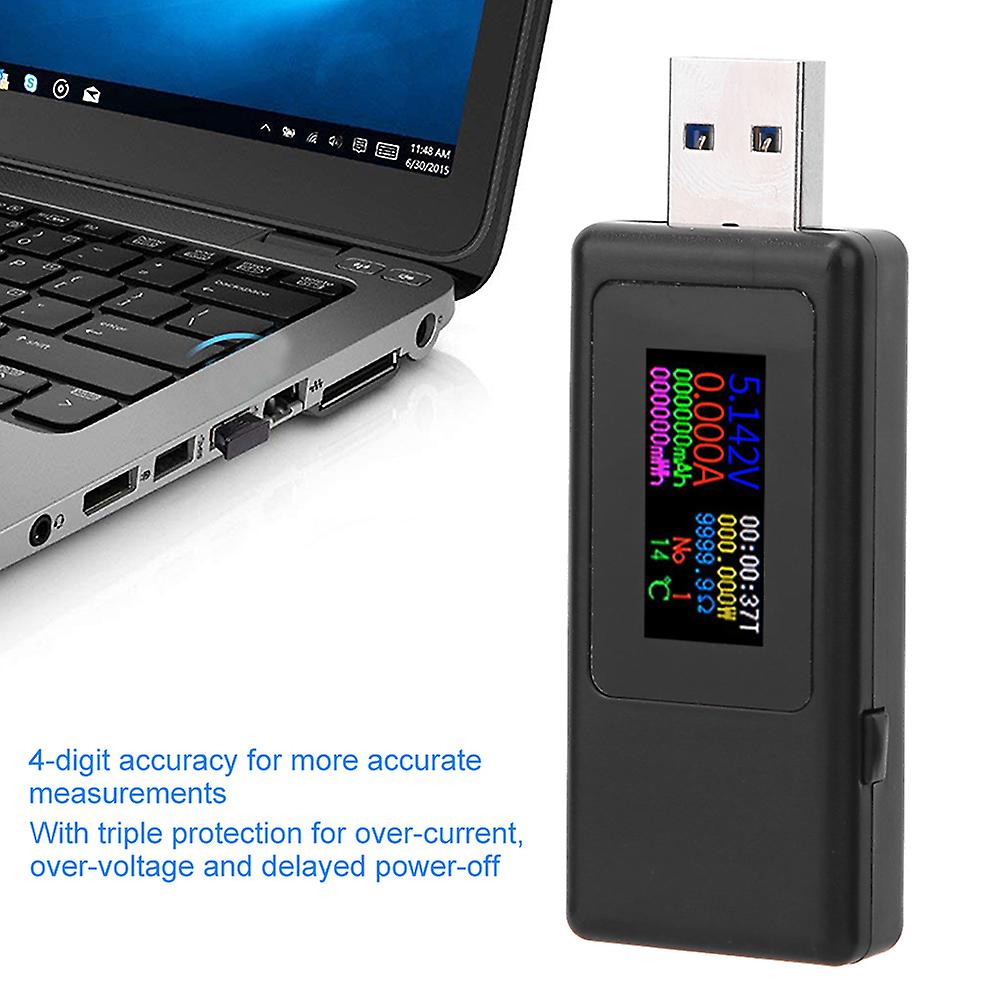 USB Charger Tester 4-Digit Accuracy Current Voltage Battery Timing Meter White/BlackBlack 