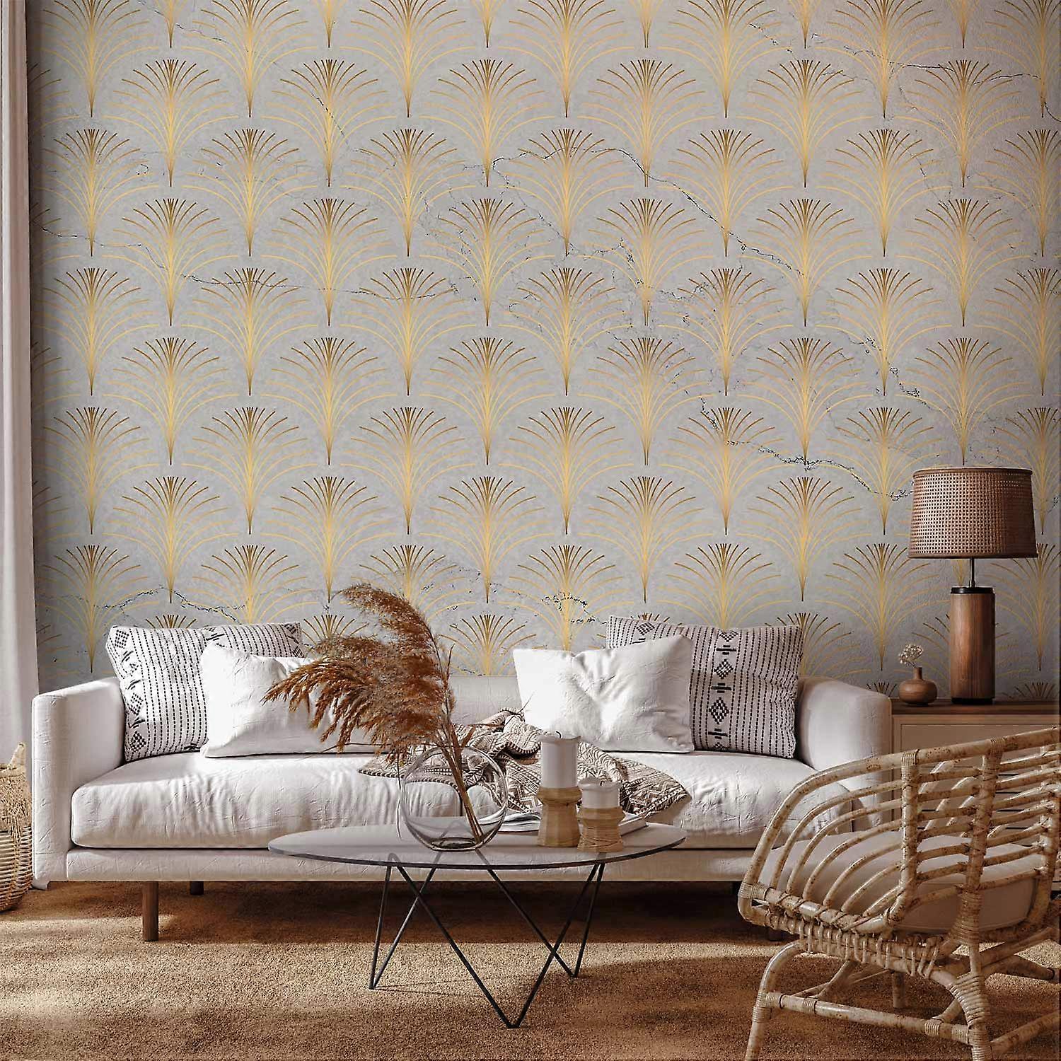 Mural de Parede Autoadesivo - Padrão Linear com Ouro