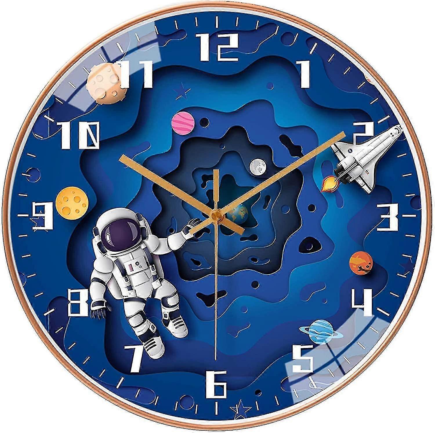12 Inch Silent Movement Kids Wall Clock, Non Ticking Children Round Wall Clock, Battery Operated & Space Travel Style (blue)