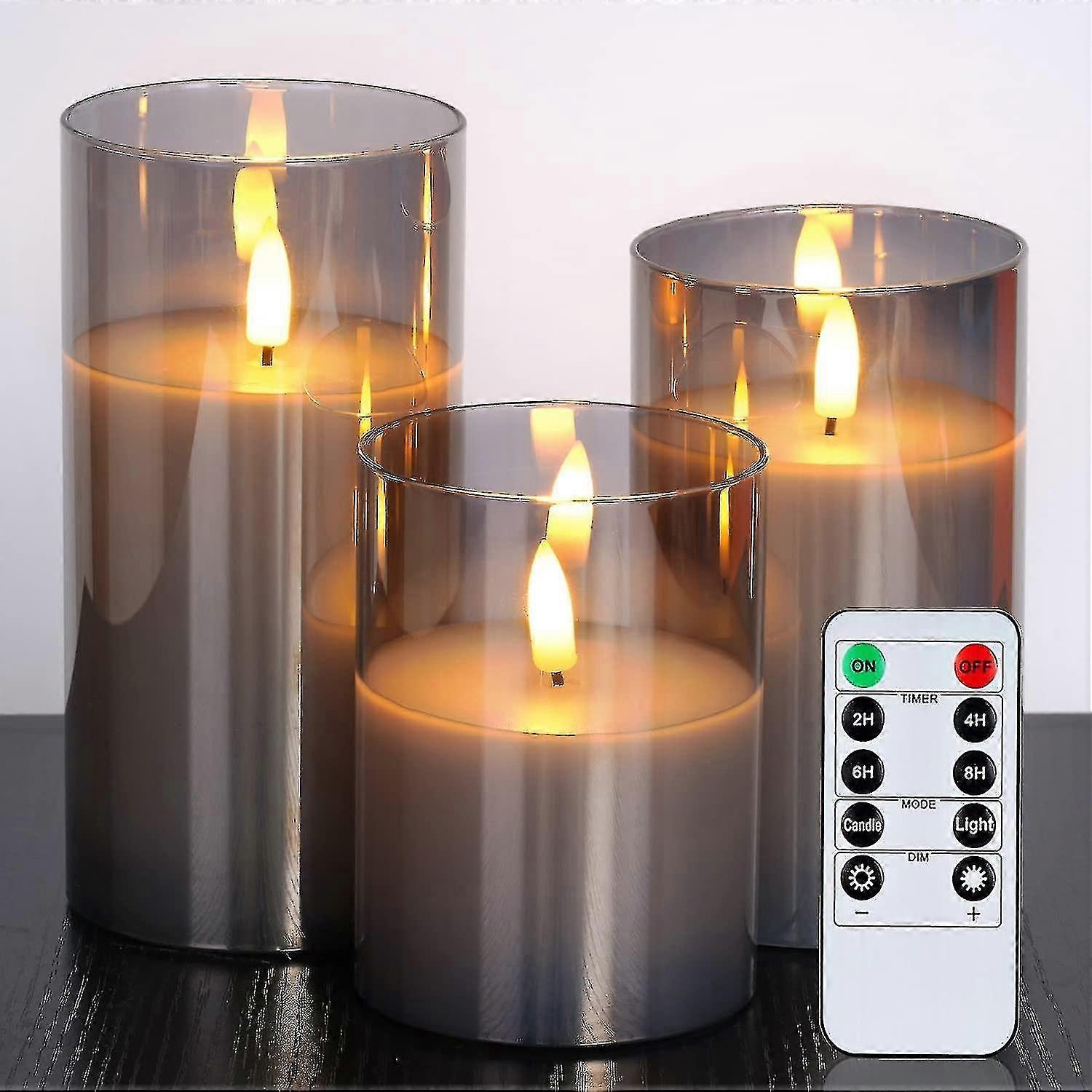 Glass Led Flameless Candles, Battery Candles, Pillar Candles Battery Operated With Remote Control And Timer, Electric Candles, Wax+grey Glass, Set Of