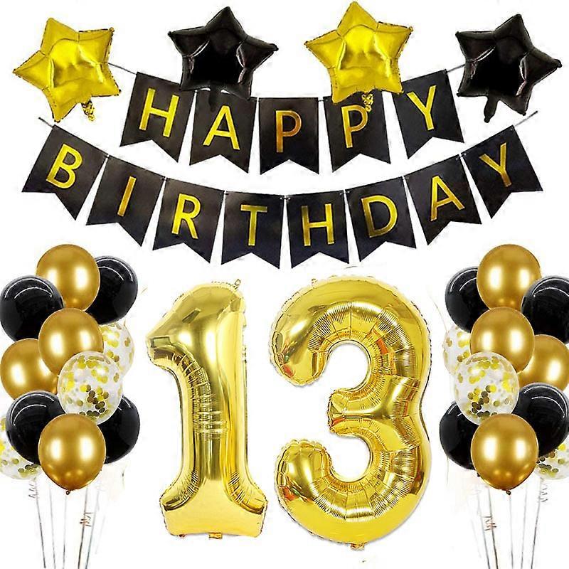 13歳の誕生日 ブラックゴールドパーティー 風船 ハッピーバースデーレター 風船 記念日 デコレーション