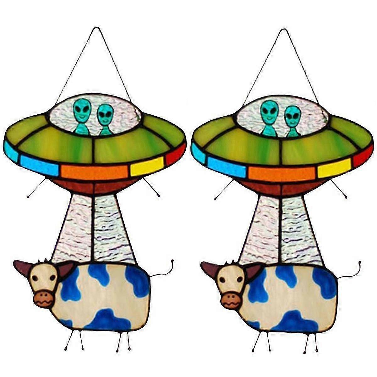 2PCS UFO elrablás Egy tehén ólomüveg Napfogó UFO Ólomüveg Napfogó UFO Tehén Függő üveg Napfogó