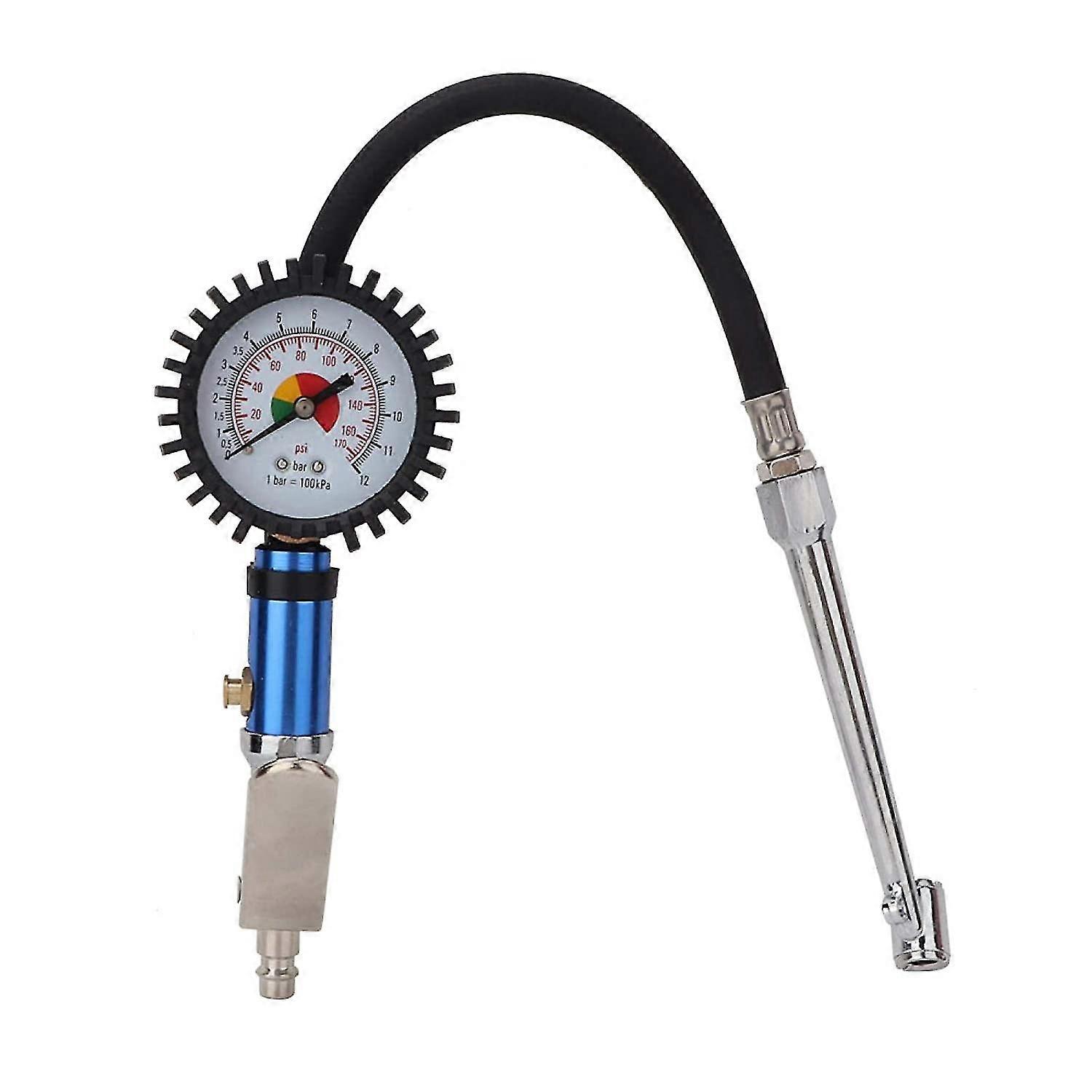 Tire Pressure Gauge And Inflator, 12 Bar Self Tightening Tire Inflator With Air Pressure Gauge And Quick Air Connector