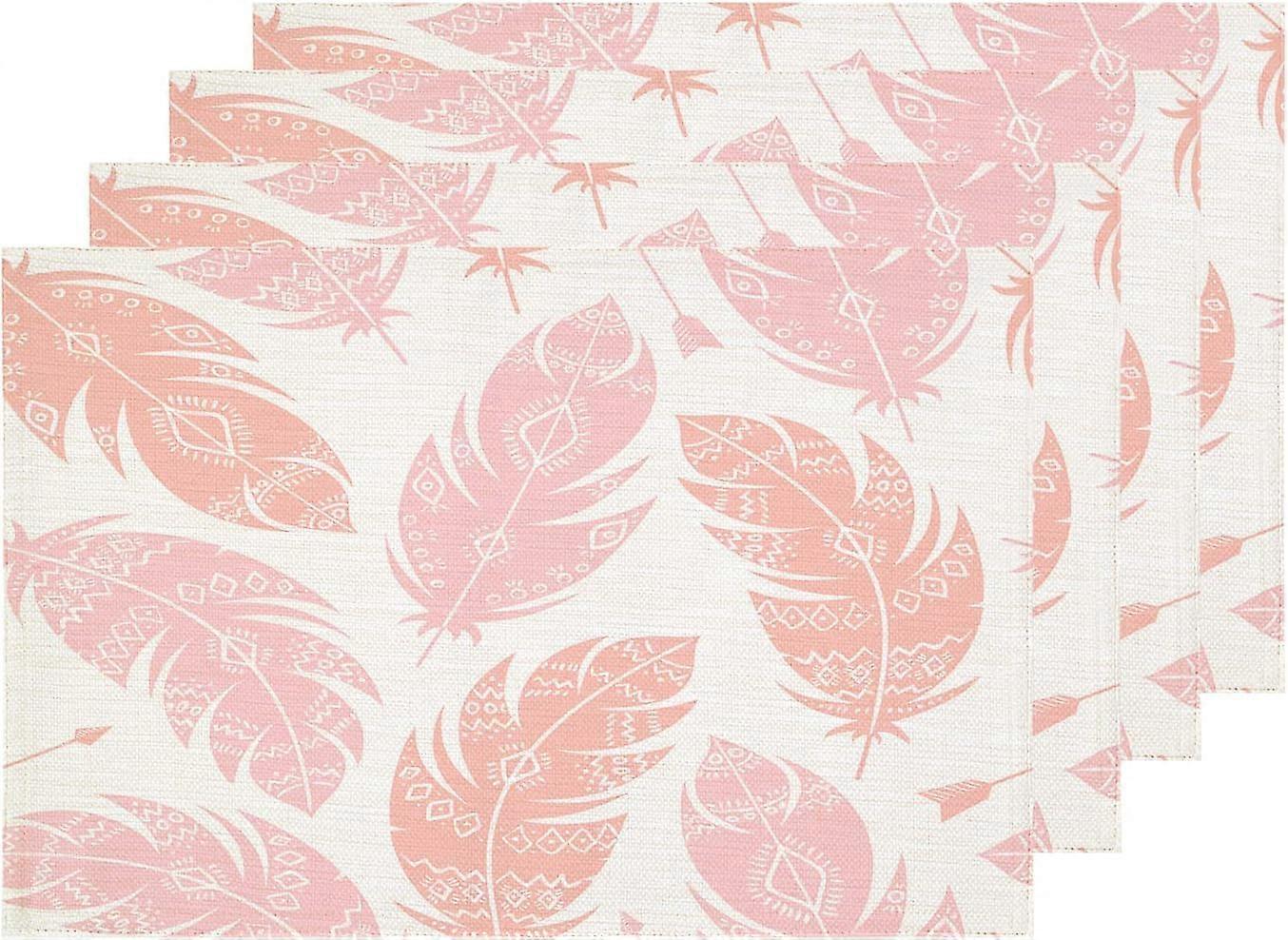 Aztec Pink Peach White Placemats, Boho Aztec Pink and Peach Feathers Table Mat Linen Burlap Washable Double-Deck Heat Insulation for Dining Table Kitc