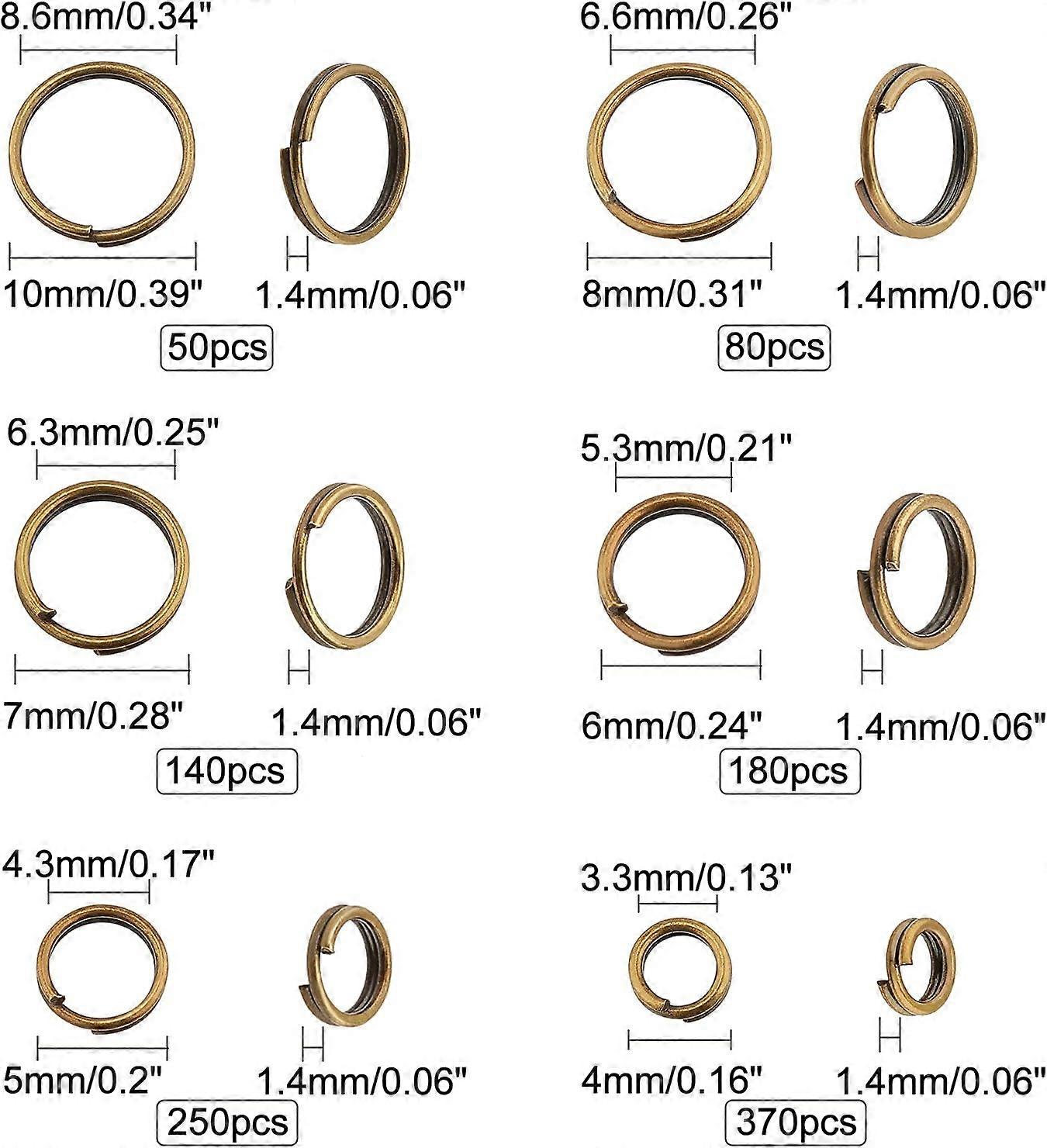 1070pcs 6 Sizes Split Jump Rings Antique Bronze O Rings Small Key Chain Ring Double Loops Open Key Chains for Home Keys Organization and Ornament Craf