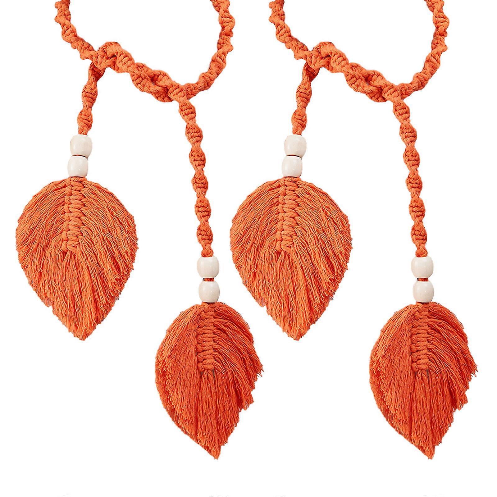 2Pcs Window Curtain Handknitted Tiebacks Bohemian Leaf Tassels Curtain Holdbacks with Wooden Beads for Drapes Tiebacks orange