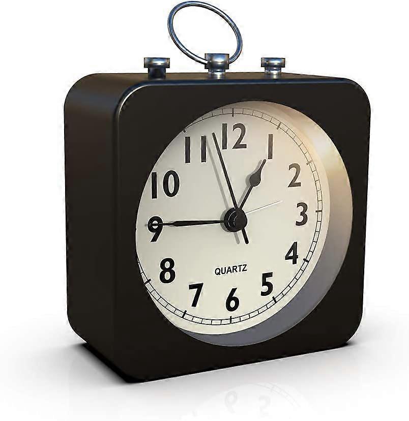 正方形の金属ケース付き電池式目覚まし時計、静かでカチカチ音を立てないアナログクォーツ、寝室/旅行/デスク/子供のための簡単な操作(黒)
