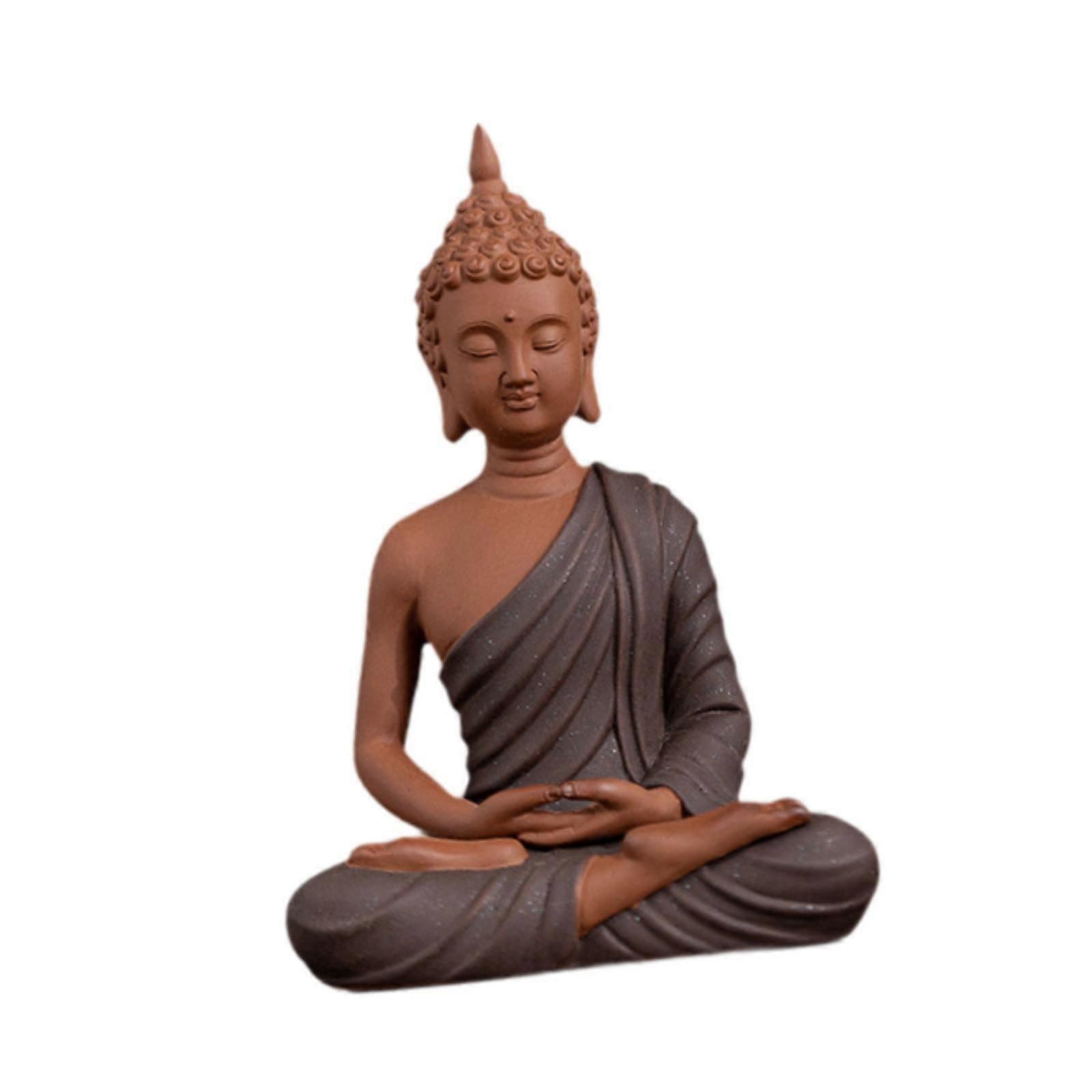 Buddha Statue Artwork Small Religious Sculpture for Office Cabinet Bookshelf Purple Clay Material