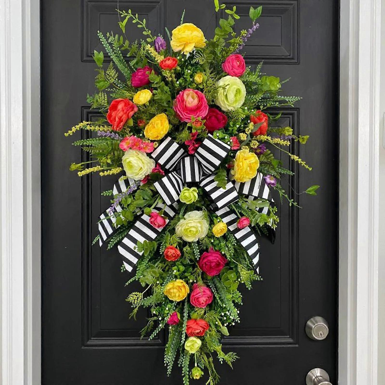 Wreath for Front Door, Roses and Peonies Wreath with Striped Large Bow Artificial Teardrop Wreath Welcome Sign for Easter Decoration