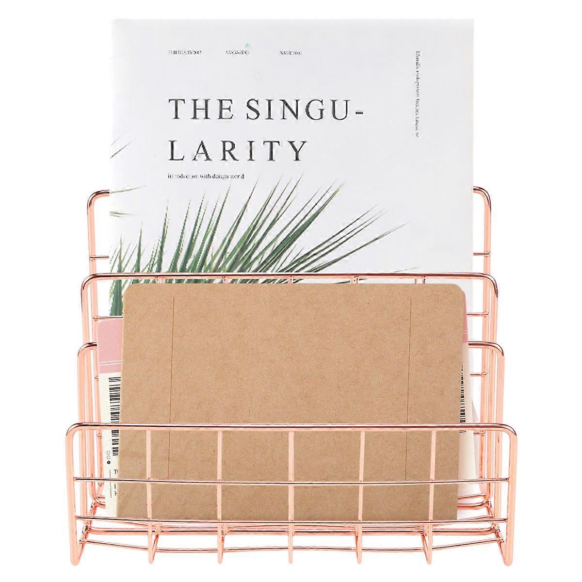 Bookshelf Office Desktop Rose Gold Metal Book Block Three Layer Desktop Magazine Shelf Book Holder