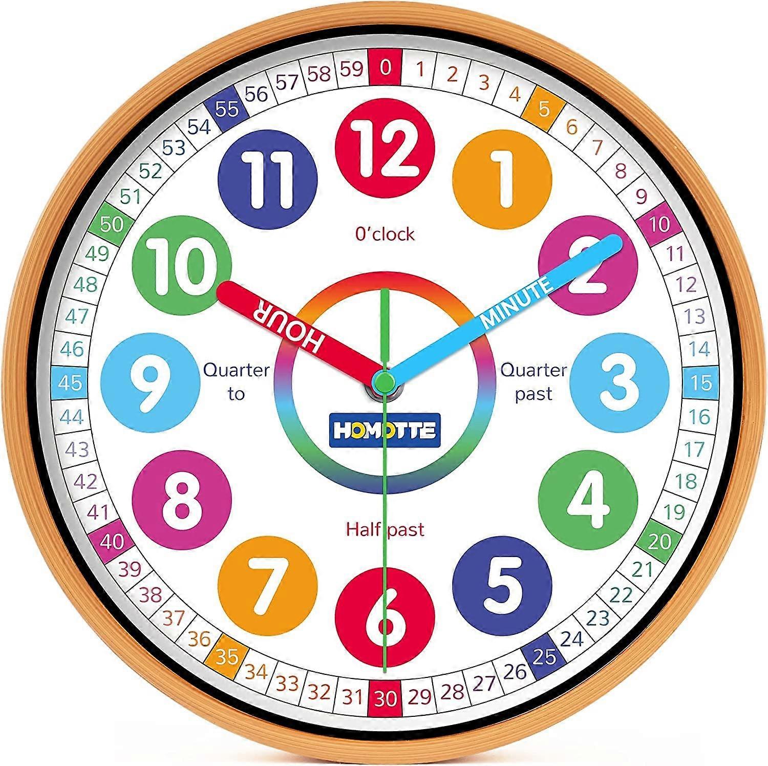 1 Multi-Colored Silent Analog Non-Ticking Educational Wall Clock for Bedroom 10 Inch