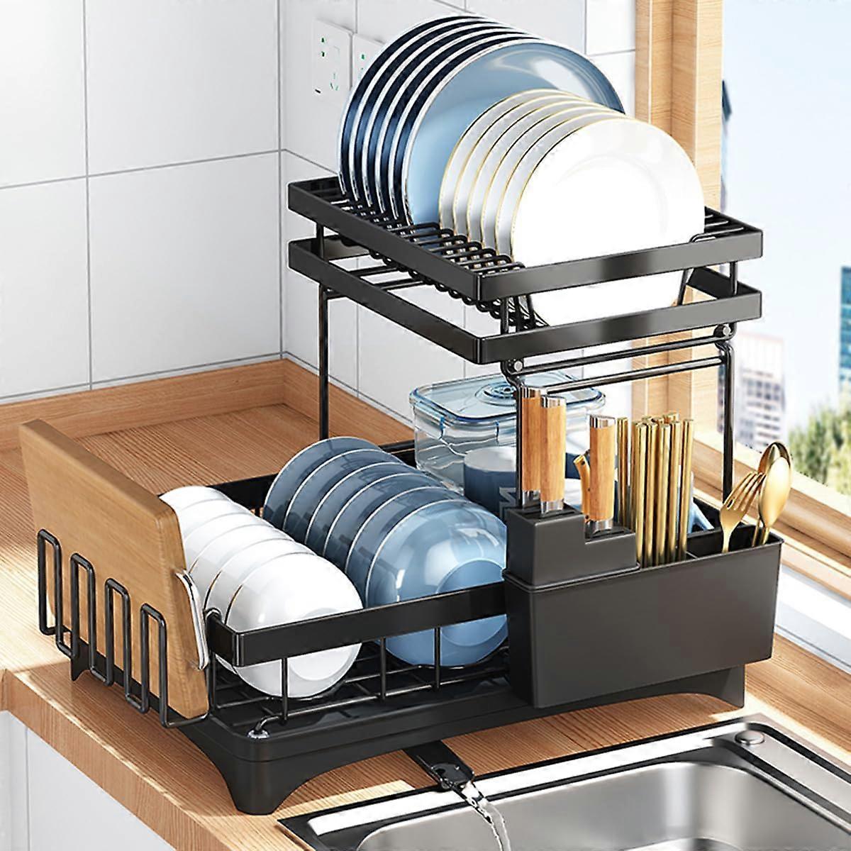 Multifunctional Dish Rack - Rust-Proof 2-Tier Dish Drying Rack with Drain Board, Cup Holder, Utensil Holder - Space-Saving - Black