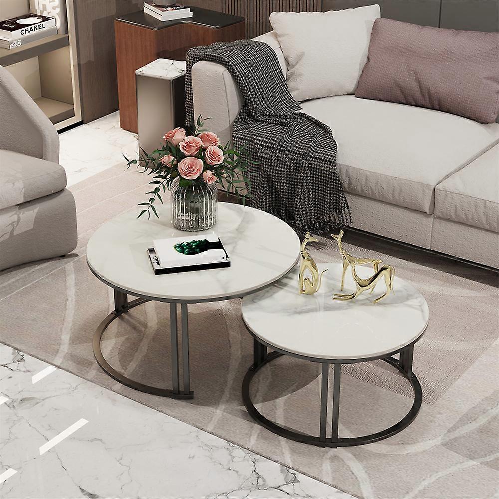 Set of 2 Marble Coffee Table Round Nesting Accent Table with Metal Frame for Living Room