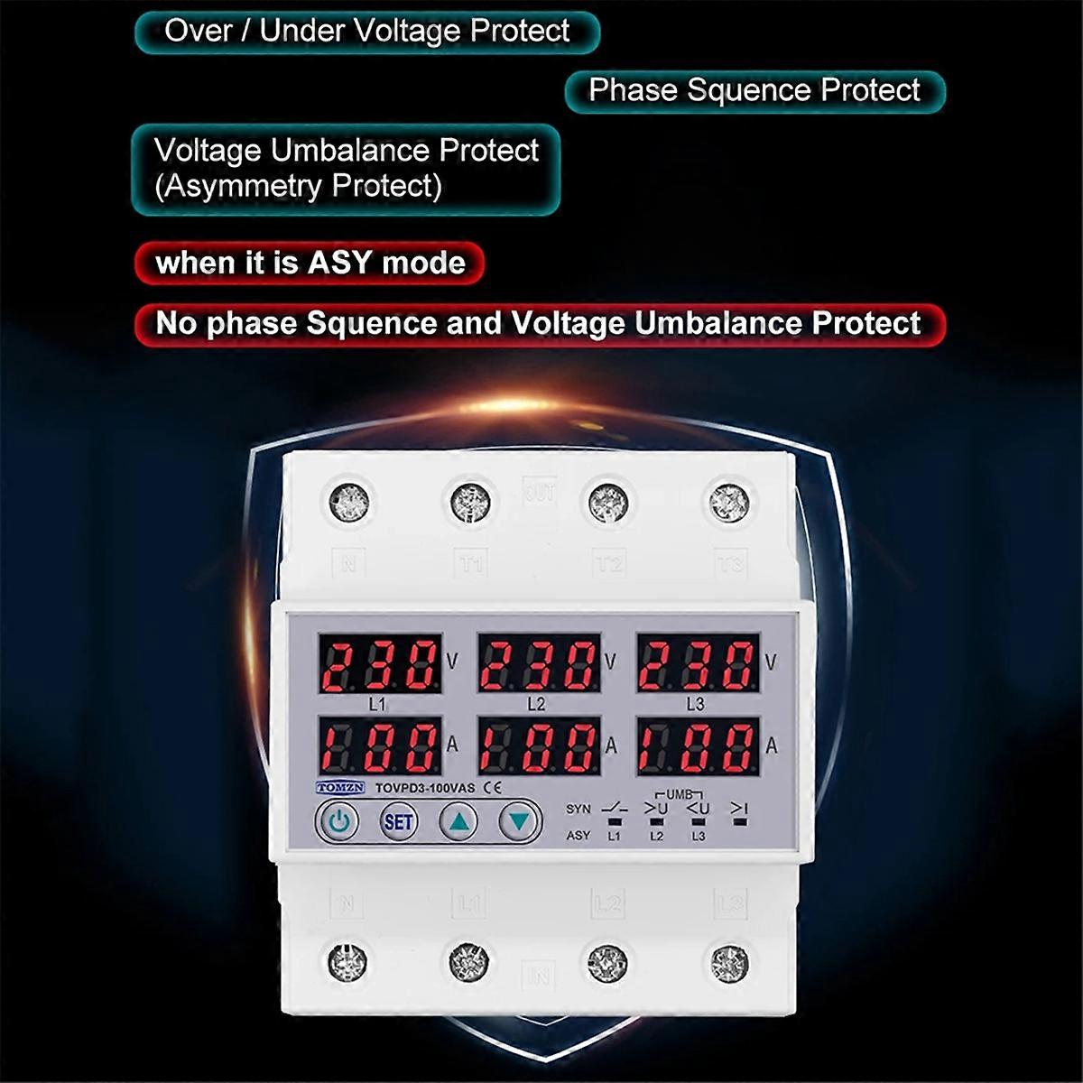 Din Rail 3P+N over Under Voltage Current Limit Protection Relay Protector ASYNC Synchronous Asynch