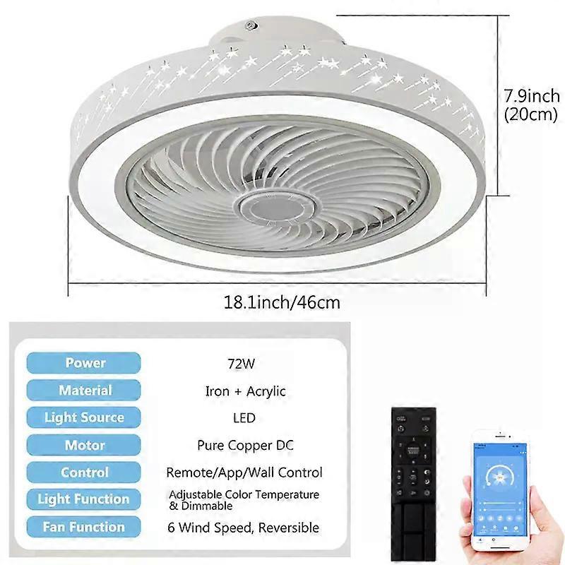 46CM Smart App Ceiling Fan with Light Remote Control LED Dimmable 6 Speeds Timer Flush Mount Enclose Design Ceiling Fans Lamp