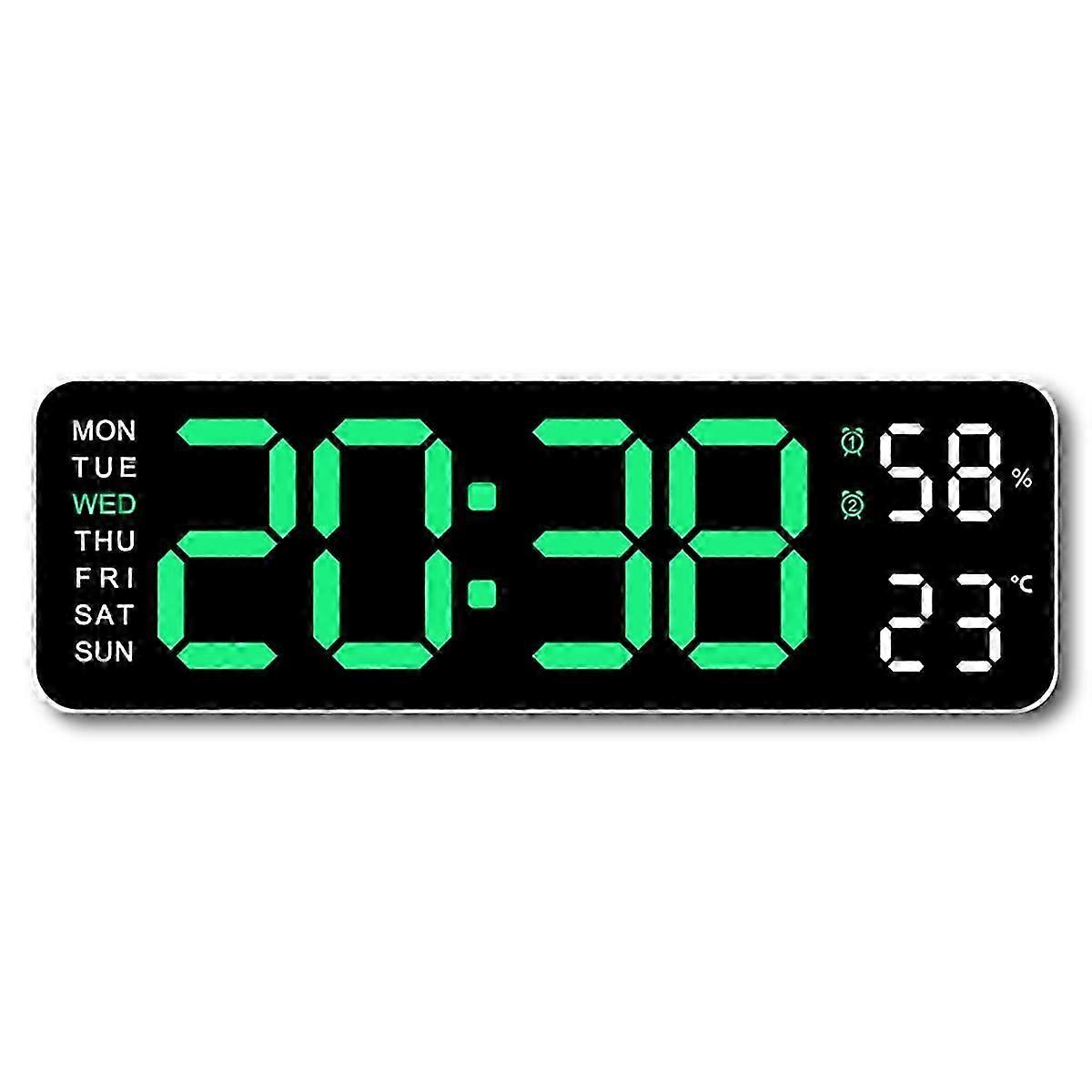 Large Digital Wall Clock with Temperature Humidity Sensor, LED Display, 12/24H Format, Green