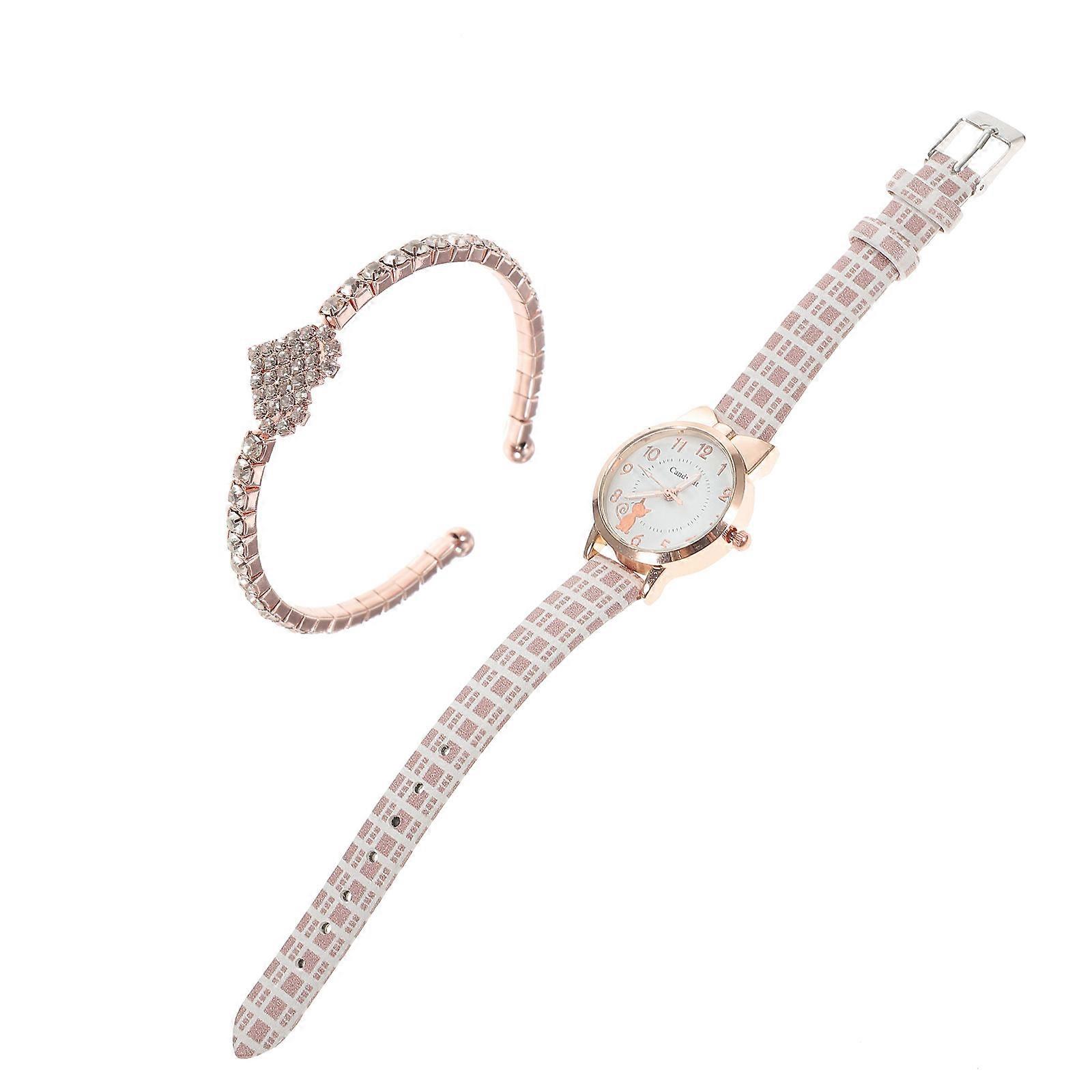 Girls Wrist Watches Decorative Cat Pattern Watch Adjustable Strap Quartz 1Set