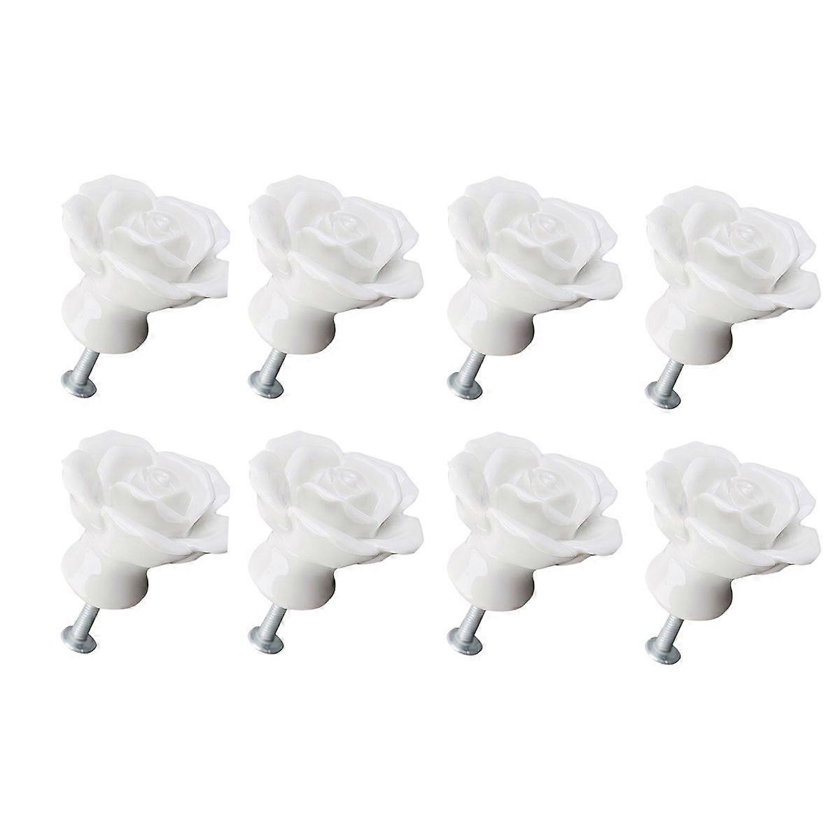 8pcs Rose Shaped Ceramic Kitchen Cupboard Cabinet Drawer Door Knobs Pull Handles (White)