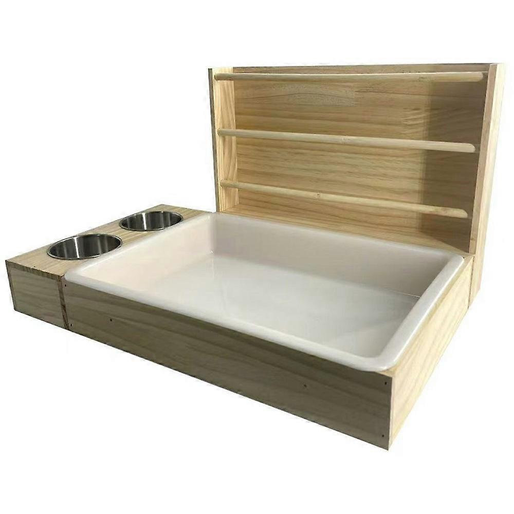 Wooden Hay Feeder for Small Pets Detachable Feeding Rack Hamster House with 2 Bowls