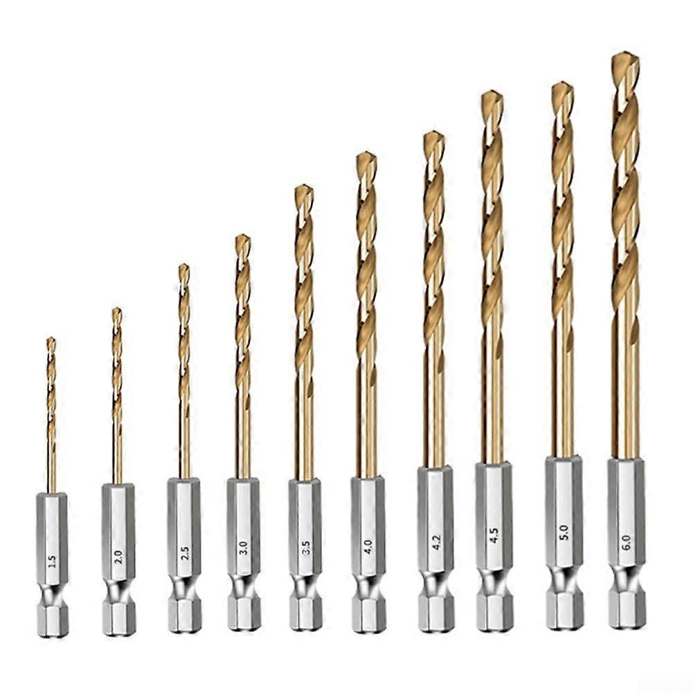 10-Piece HSS Drill Bit Set, Titanium Coated Metal Drill Bits, 135-Degree Tip Hex Shank Drill Set for Precision Drilling