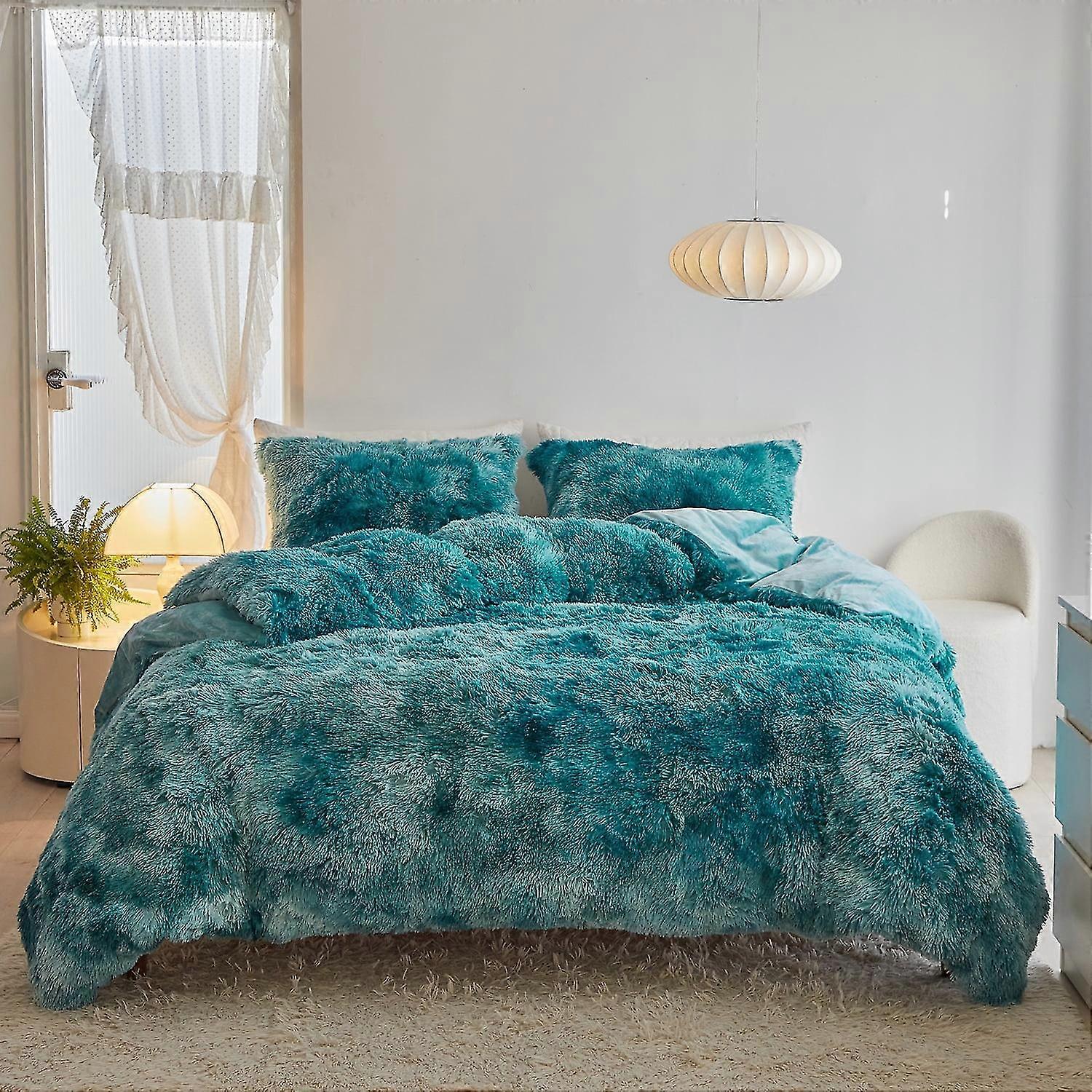 Puszysty zestaw poszewek na kołdrę Zestaw miękkich poszewek na kołdrę (1 poszwa na kołdrę + 2 poduszki) (Queen Size, ciemnozielone ombre)